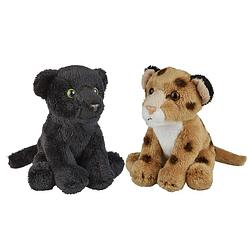 Foto van Safari dieren serie pluche knuffels 2x stuks - zwarte panter en luipaard van 15 cm - knuffeldier