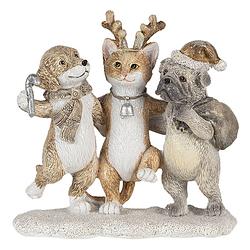 Foto van Clayre & eef kerstdecoratie beeld honden en kat 13*5*12 cm grijs beige wit kunststof decoratief figuur decoratieve