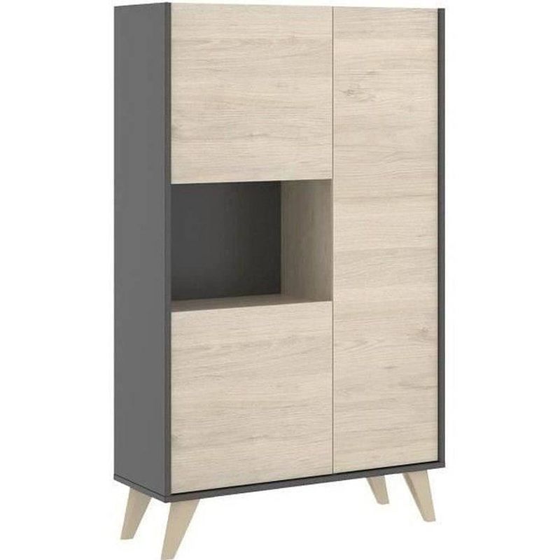 Foto van Hoog dressoir - grafiet en eiken decor - 3 deuren + 1 nis - ness - b 81 x d 43 x h 135 cm