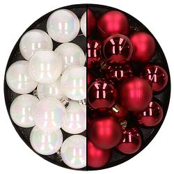 Foto van 32x stuks kunststof kerstballen mix van parelmoer wit en donkerrood 4 cm - kerstbal