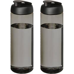 Foto van 2x stuks sport bidon hi-eco gerecycled kunststof - drinkfles/waterfles - donkergrijs/zwart - 850 ml - drinkflessen