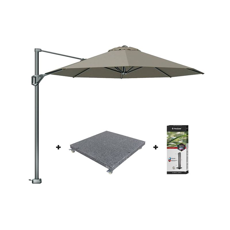 Foto van Platinum voyager ronde zweefparasol t1 3 m. - taupe met voet en hoes