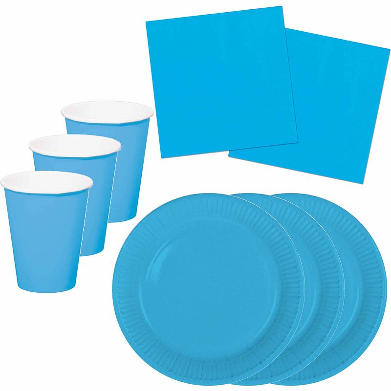 Foto van Tafel dekken feestartikelen kleur blauw 24x bordjes/24x drink bekers/40x servetten - feestpakketten