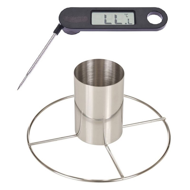 Foto van Kiprooster/kippengrill voor de barbecue/bbq/oven rvs 20 cm met vleesthermometer / braadthermometer - barbecueroosters