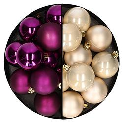 Foto van Kerstballen 24x stuks - mix champagne en paars - 6 cm - kunststof - kerstbal