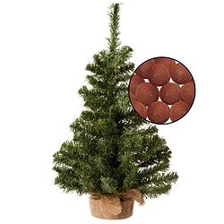 Foto van Mini kerstboom groen met verlichting - in jute zak - h60 cm - terracotta - kunstkerstboom