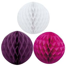 Foto van Kerstversiering set van 3x papieren kerstballen 10 cm wit aubergine en fuchsia roze - kerstbal