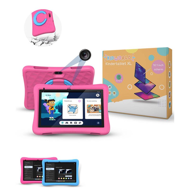 Foto van Kidworld kindertablet roze 4gb ram + 64gb geheugen extra groot 10 inch beeldscherm android 13 tablet kinderen