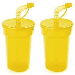 Foto van Set van 4x stuks afsluitbare plastic drinkbeker geel 400 ml met rietje voor kinderen/peuters - drinkbekers