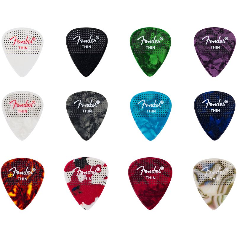 Foto van Fender 351 dotted celluloid picks medium plectrumset (12 stuks)