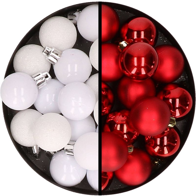 Foto van 36x stuks kunststof kerstballen wit en rood 3 en 4 cm - kerstbal