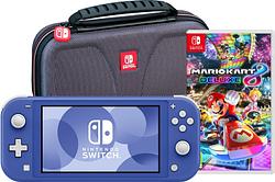 Foto van Nintendo switch lite blauw + mario kart 8 deluxe + bigben beschermtas
