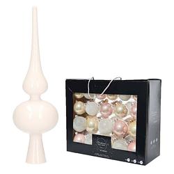 Foto van 42x stuks glazen kerstballen lichtroze parel/wit 5 cm, 6 cm en 7 cm met witte glazen piek 26 cm - kerstbal