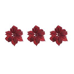 Foto van 3x stuks decoratie bloemen kerstster rood glitter op clip 24 cm - kersthangers