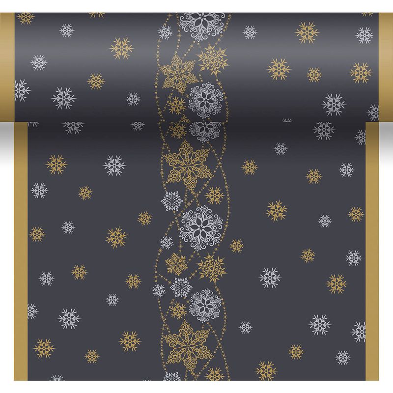 Foto van Kerst thema tafellopers/placemats zwart met glitter sneeuwvlokken 40 x 480 cm - tafellakens