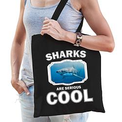 Foto van Katoenen tasje sharks are serious cool zwart - haaien/ haai cadeau tas - feest boodschappentassen