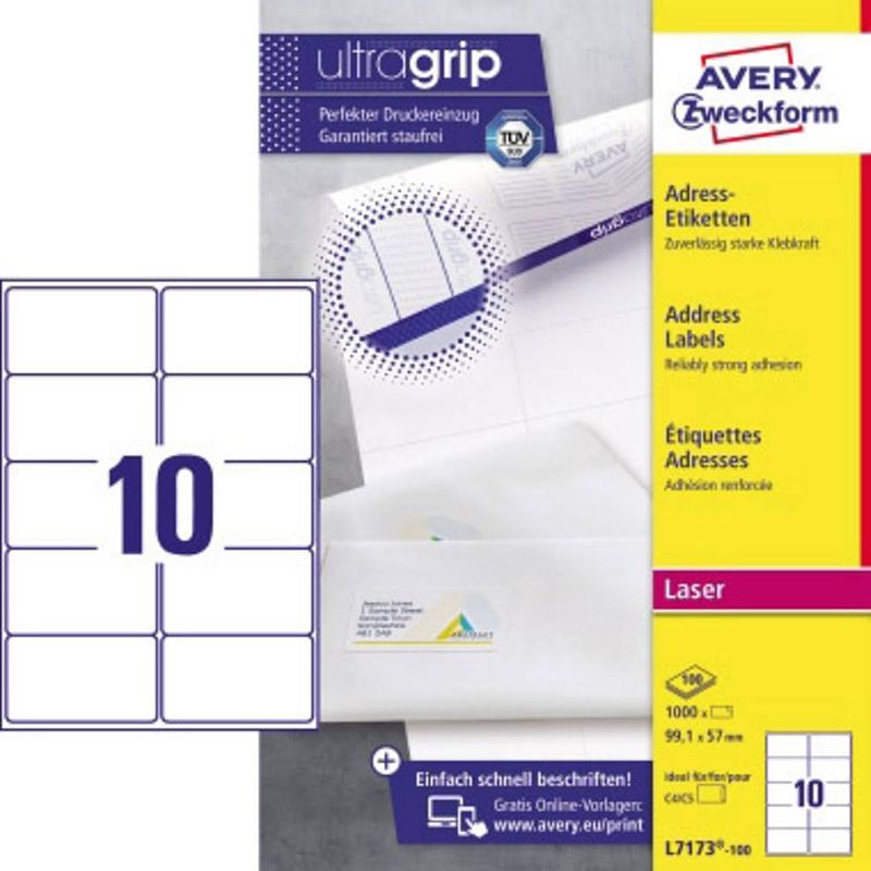 Foto van Avery-zweckform l7173-100 etiketten 99.1 x 57 mm papier wit 1000 stuk(s) adresetiketten, universele etiketten laser, kopie 100 vel din a4