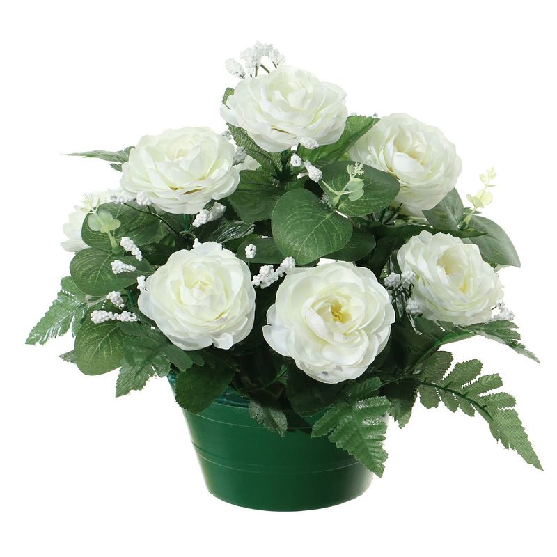 Foto van Louis maes kunstbloemen plantje in pot - wit - 25 cm - bloemstuk ornament - rozen met bladgroen - kunstbloemen