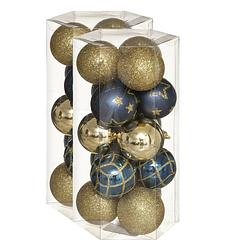 Foto van 30x stuks kerstballen mix goud/blauw gedecoreerd kunststof 5 cm - kerstbal