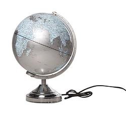 Foto van Decoratie wereldbol/globe zilver met verlichting op metalen voet 25 x 38 cm - wereldbollen