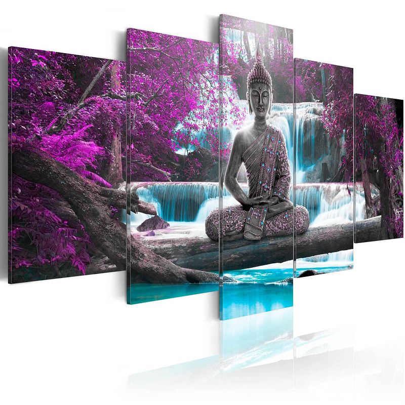 Foto van Artgeist waterfall and buddha canvas schilderij