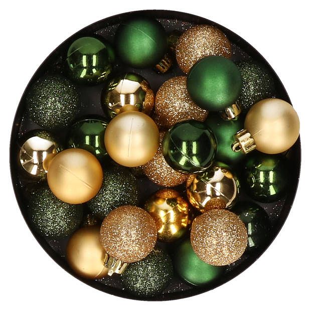 Foto van 28x stuks kunststof kerstballen donkergroen en goud mix 3 cm - kerstbal