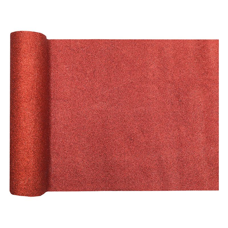 Foto van Kerst thema tafelloper op rol - rood glitter - 28 x 300 cm - polyester - tafellakens