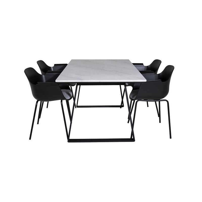 Foto van Estelle eethoek eetkamertafel marmer wit en 4 comfort eetkamerstal zwart.