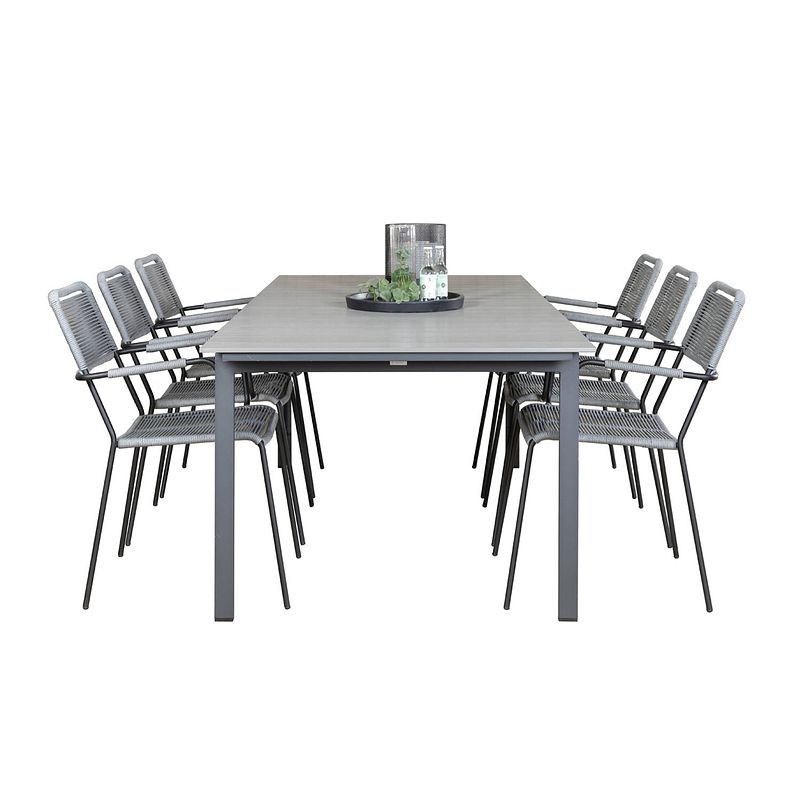 Foto van Levels tuinmeubelset tafel 100x229/310cm en 6 stoel armleuning lindos zwart, grijs.