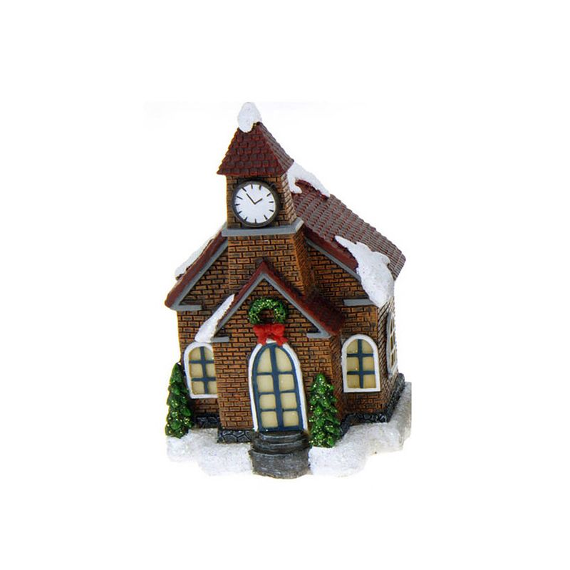 Foto van 1x verlichte kerstdorp huisjes/kersthuisjes kerkjes/kerken 13,5 cm - kerstdorpen