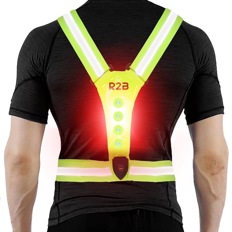 Foto van R2b hardloopvest met verlichting aan voor- en achterkant - geel- usb-c oplaadbaar - reflecterend - fietsen