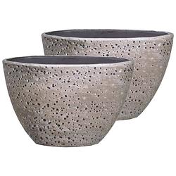 Foto van Set van 2x stuks bloempot/plantenpot van keramiek industrieel lava beige motief d37 cm en h27 cm - plantenpotten