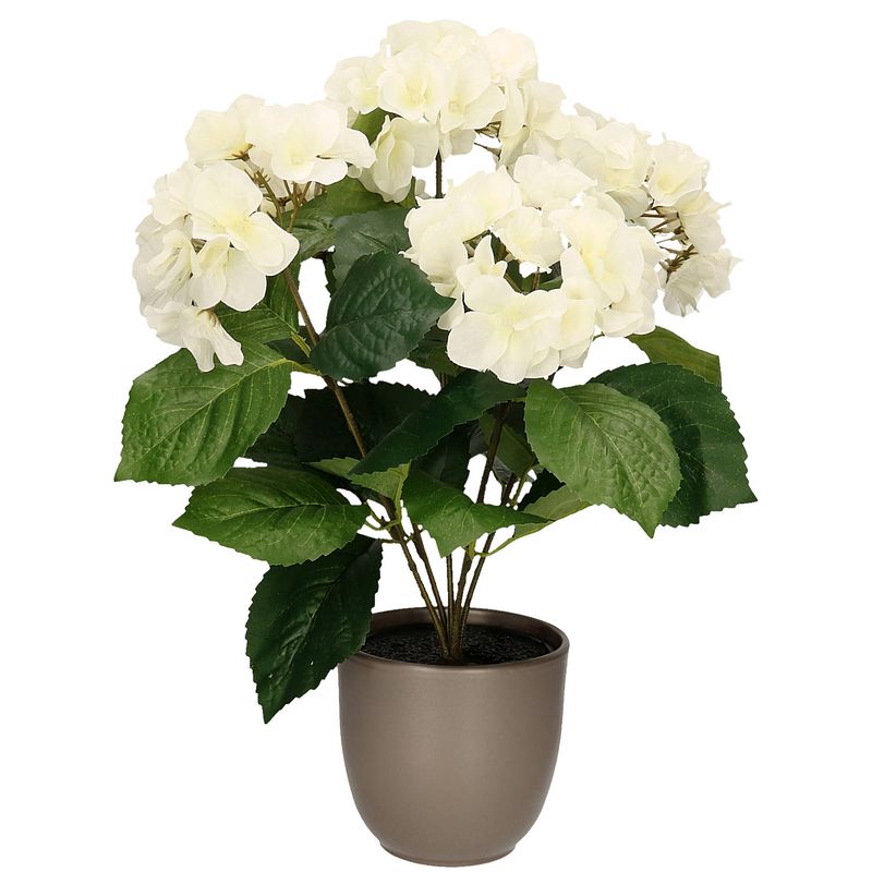 Foto van Hortensia kunstplant/kunstbloemen 40 cm - wit - in pot taupe mat - kunstplanten