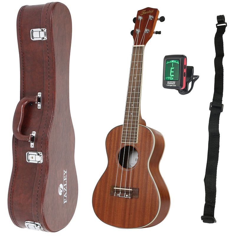 Foto van Fazley k23-w concert ukelele + koffer + draagband + clip-on tuner