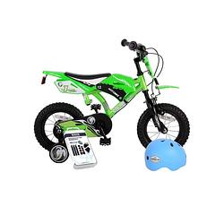 Foto van Volare kinderfiets motorbike - 12 inch - groen - twee handremmen - inclusief fietshelm & accessoires