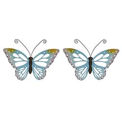 Foto van Set van 2x stuks grote lichtblauwe vlinders/muurvlinders 51 x 38 cm cm tuindecoratie - tuinbeelden
