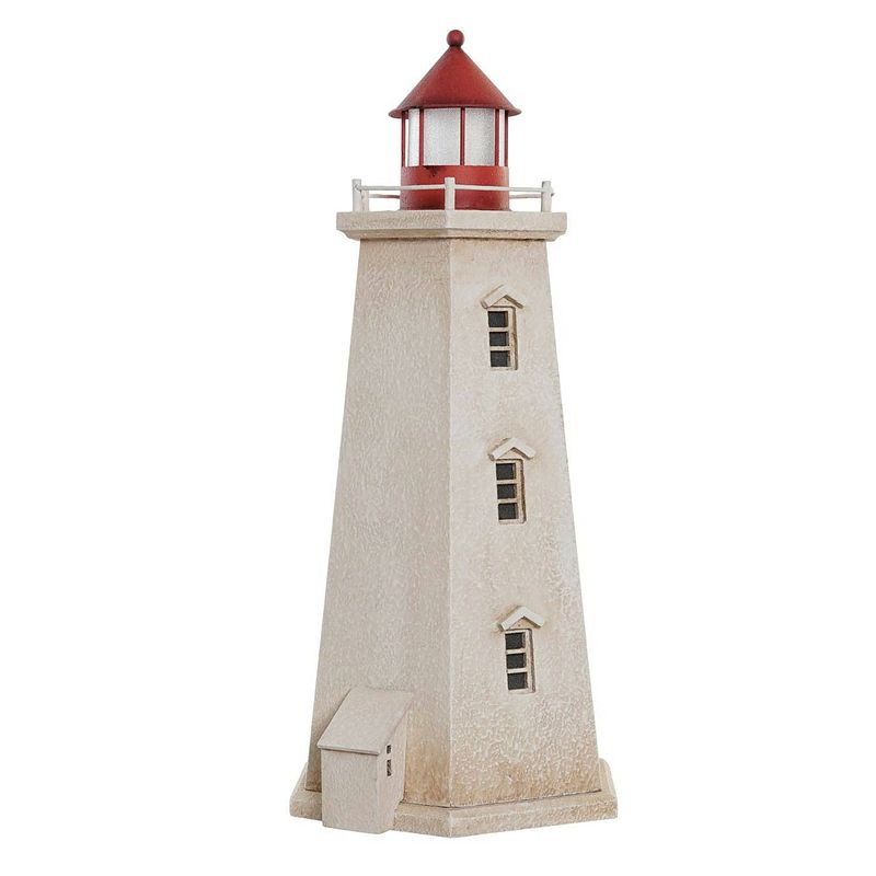 Foto van Maritieme decoraties beeldje vuurtoren - hout - 23 x 49 cm - wit/rood - met led lampje - beeldjes