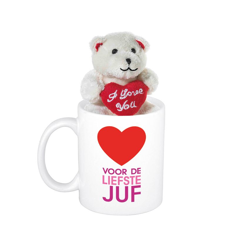 Foto van Juffendag cadeau voor de liefste juf beker / mok 300 ml met beige knuffelbeertje - feest mokken