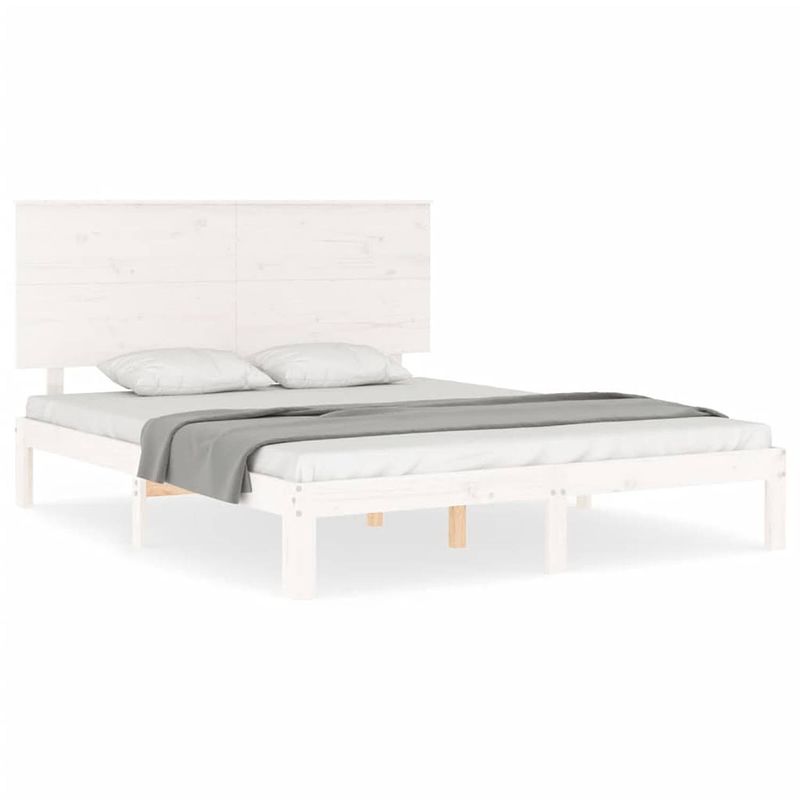 Foto van The living store bedframe massief grenenhout - wit - 203.5 x 163.5 x 82.5 cm - multiplex lattenbodem