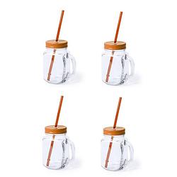 Foto van 4x stuks drink potjes van glas mason jar oranje deksel 500 ml - drinkbekers