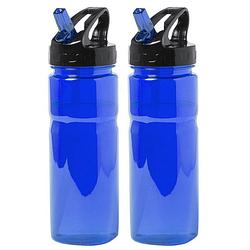 Foto van Kunststof waterfles/drinkfles/sportfles - 2x - blauw - met drinktuit - 650 ml - drinkflessen