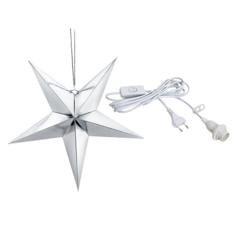 Foto van Kerstster decoratie zilveren ster lampion 70 cm inclusief witte lichtkabel - kerststerren