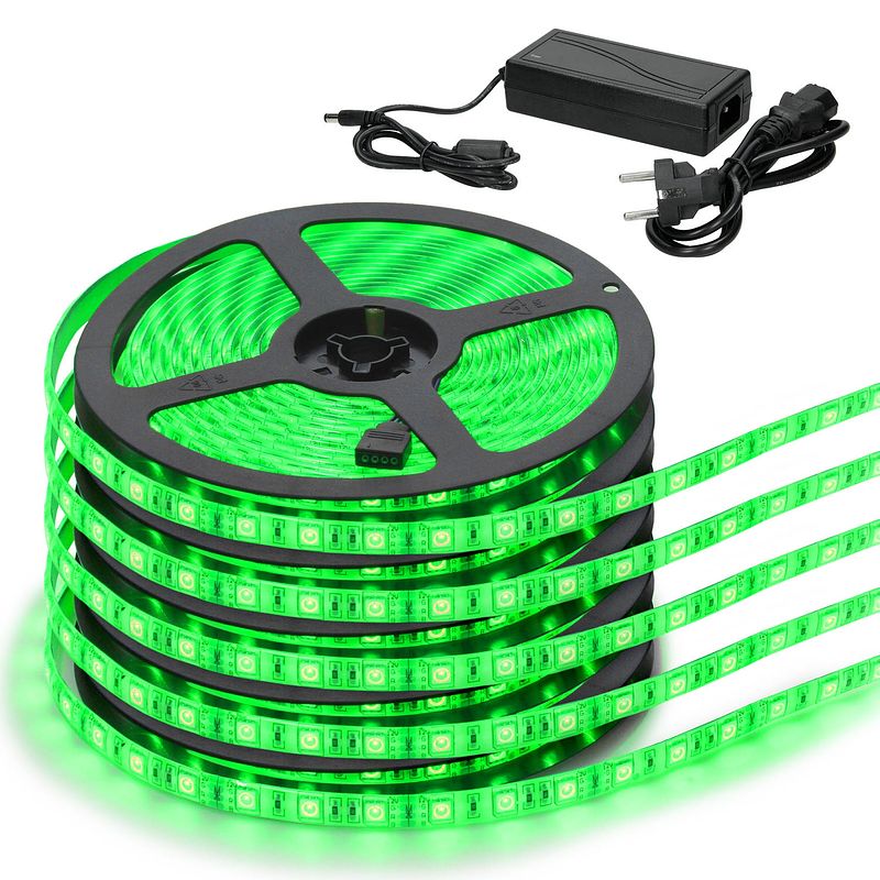 Foto van Led smd green waterproof strip 25m 60 led met 5a stroomvoorziening