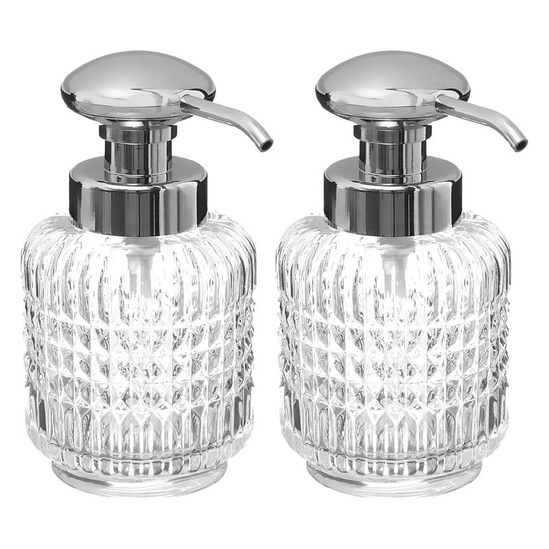 Foto van 5five zeeppompje/dispenser diamond lotion - 2x - transparant - 8 x 16 cm - 270 ml - glas - zeeppompjes