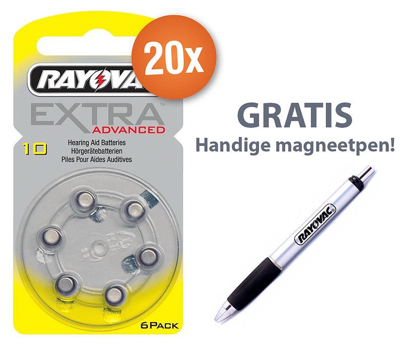 Foto van Voordeelpak rayovac gehoorapparaat batterijen - type 10 (geel) - 20 x 6 stuks + gratis magnetische batterijpen