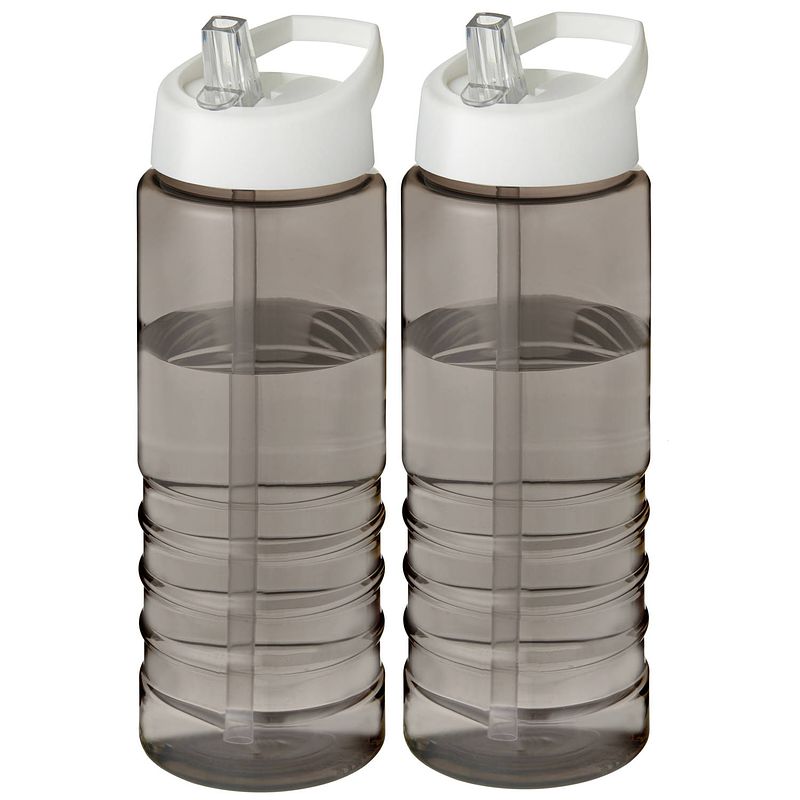 Foto van 2x stuks sport bidon hi-eco gerecycled kunststof - drinkfles/waterfles - donkergrijs/wit - 750 ml - drinkflessen