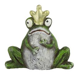 Foto van Tuinbeeld kikker met kroontje - kunststeen - h11 cm - groen - de kikkerkoning van uw tuin - tuinbeelden