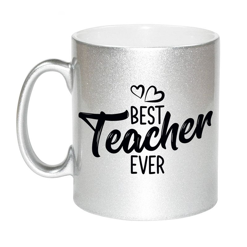 Foto van Best teacher ever leraren cadeau mok / beker zilver - feest mokken