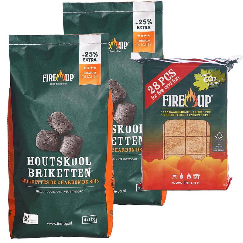 Foto van Bbq starterspakket - houtskool briketten 10 kilo - barbecue aanmaakblokjes 28x - briketten