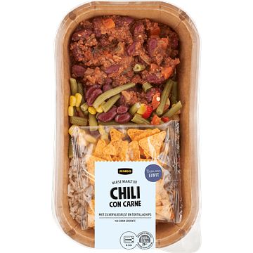 Foto van Jumbo verse maaltijd chili con carne met zilvervliesrijst en tortillachips 450g